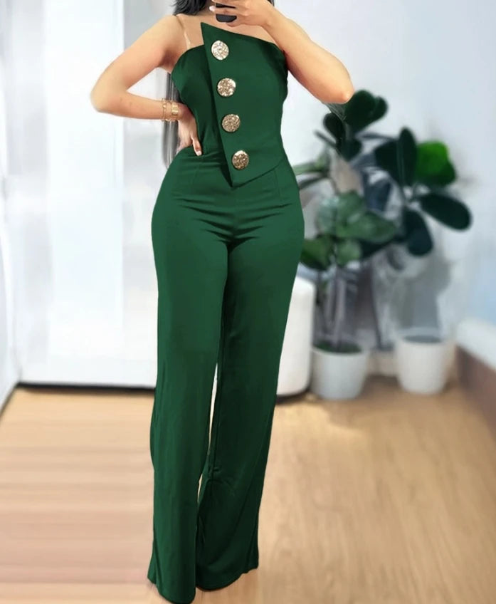 Women's Romper Bodysuit 2025 Spring Summer Latest Asymmetric Bandeau Strapless Jumpsuit Metal Button Decor Casual Overalls