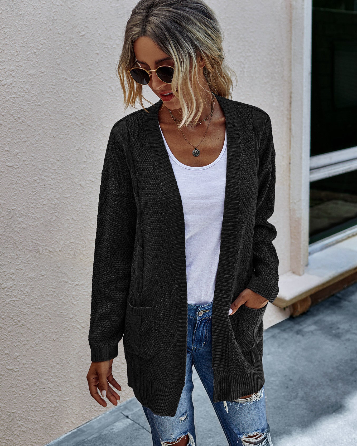 Solid color knitted cardigan for women