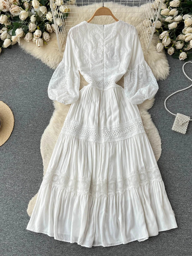 Spring Summer Elegant White Lace Dress Women Fashion V-neck French Long Dresses Ladies Vintage Embroidered Long Robe Vestidos