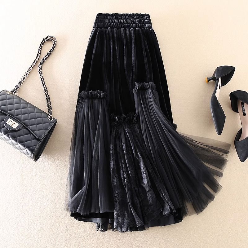 Velvet Stitching Mesh Skirt Women