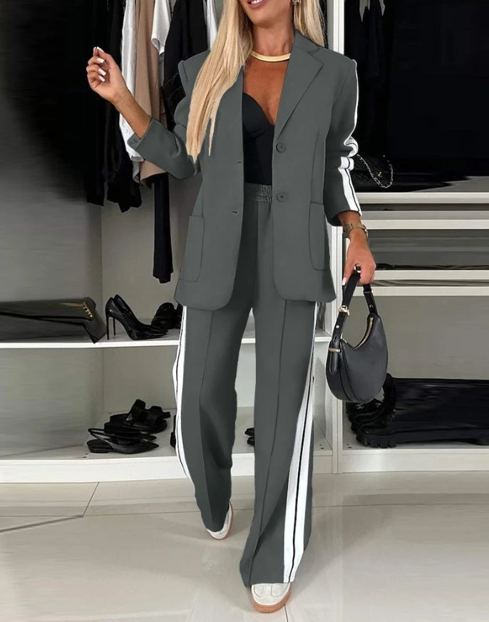 Women's Fashion Suits Autumn Winter Latest 2025 Striped Side Sporty Tape Notched Collar Front Button Blazer Wide-Leg Pants Set