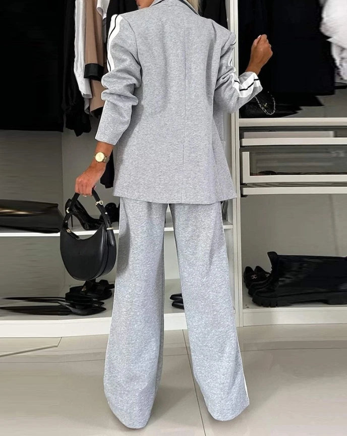 Women's Fashion Suits Autumn Winter Latest 2025 Striped Side Sporty Tape Notched Collar Front Button Blazer Wide-Leg Pants Set