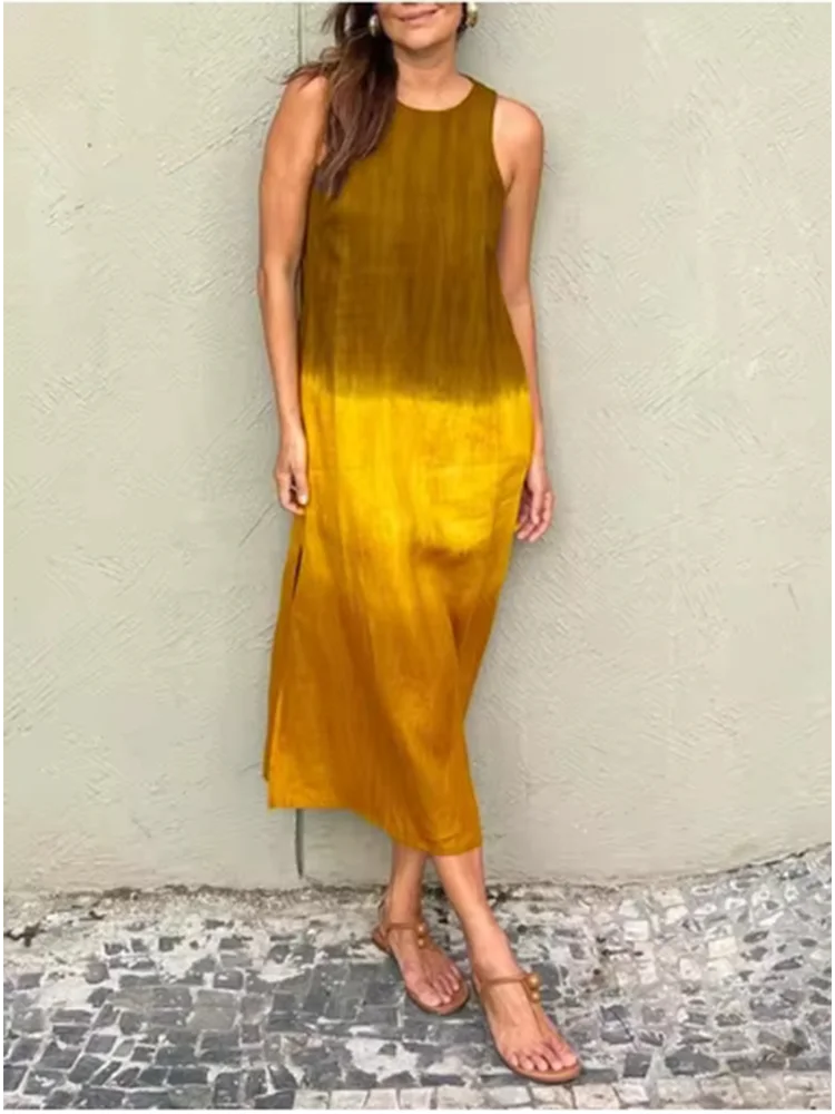 Elegant Gradient Dress Women's o Neck Sleeveless Dress Fashion Loose Vacation Dresses