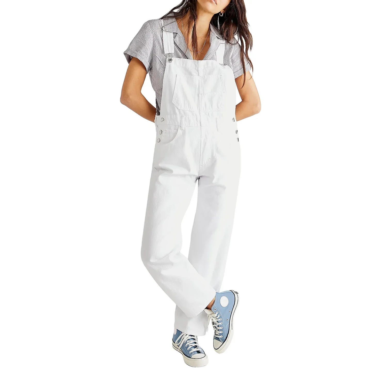 Women Jumpsuits Denim Rompers Washing One Piece Solid Overalls Pockets Slim Fit Spliced Streetwear Button Playsuits 2024