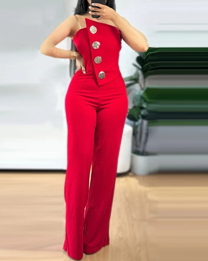 Women's Romper Bodysuit 2025 Spring Summer Latest Asymmetric Bandeau Strapless Jumpsuit Metal Button Decor Casual Overalls