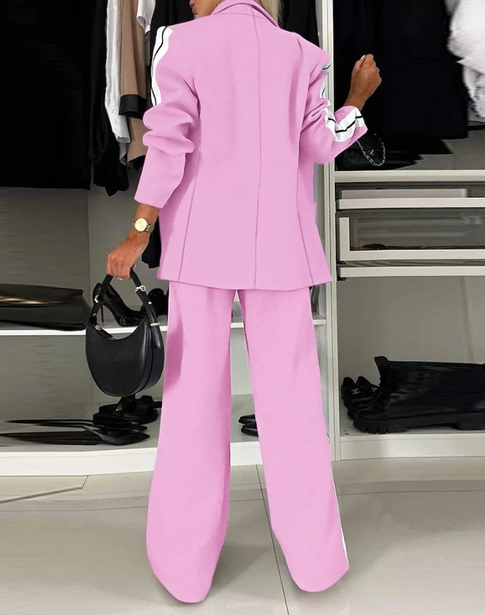Women's Fashion Suits Autumn Winter Latest 2025 Striped Side Sporty Tape Notched Collar Front Button Blazer Wide-Leg Pants Set