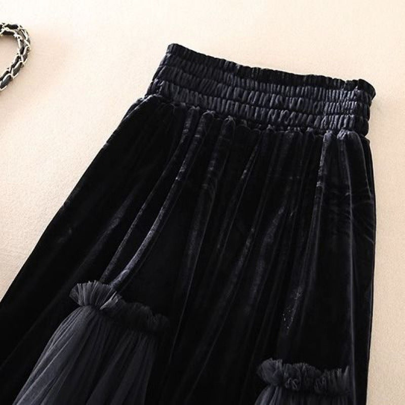 Velvet Stitching Mesh Skirt Women