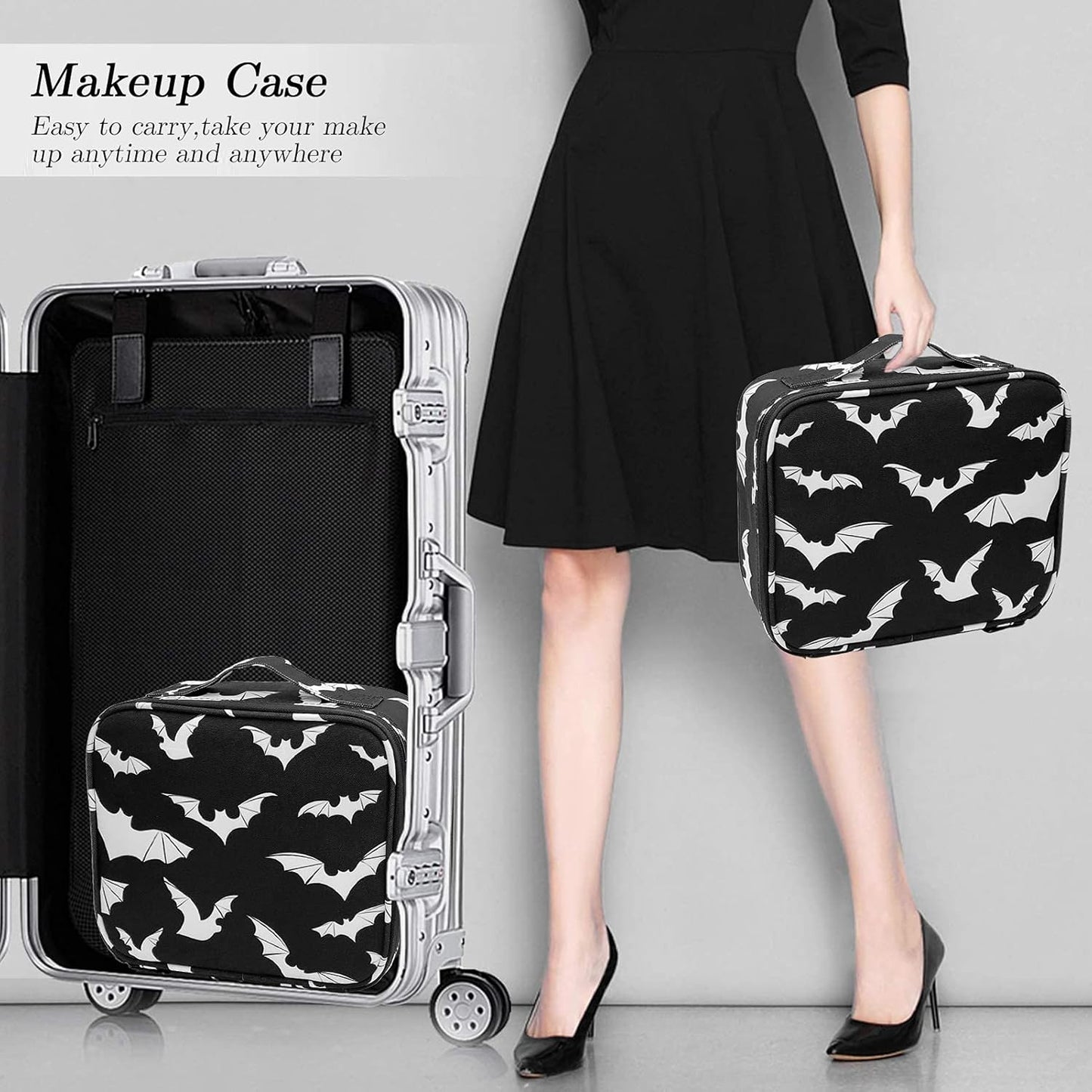 Goth Makeup Organizer Bag, Halloween Makeup Bags Large Cosmetic Bag with Adjustable Dividers Portable Bat Cosmetic Case for Make up Brushes Toiletry Jewelry(Black Bats)
