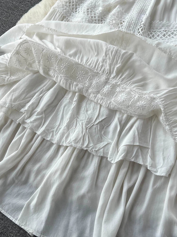 Spring Summer Elegant White Lace Dress Women Fashion V-neck French Long Dresses Ladies Vintage Embroidered Long Robe Vestidos