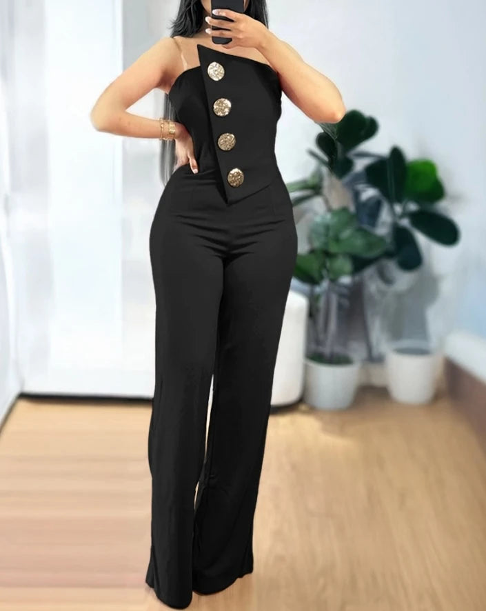 Women's Romper Bodysuit 2025 Spring Summer Latest Asymmetric Bandeau Strapless Jumpsuit Metal Button Decor Casual Overalls
