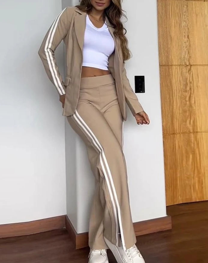 Women's Fashion Suits Autumn Winter Latest 2025 Striped Side Sporty Tape Notched Collar Front Button Blazer Wide-Leg Pants Set