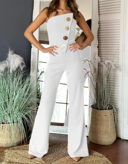 Women's Romper Bodysuit 2025 Spring Summer Latest Asymmetric Bandeau Strapless Jumpsuit Metal Button Decor Casual Overalls