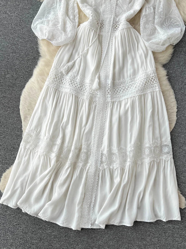 Spring Summer Elegant White Lace Dress Women Fashion V-neck French Long Dresses Ladies Vintage Embroidered Long Robe Vestidos
