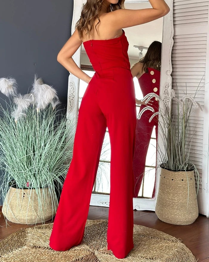 Women's Romper Bodysuit 2025 Spring Summer Latest Asymmetric Bandeau Strapless Jumpsuit Metal Button Decor Casual Overalls