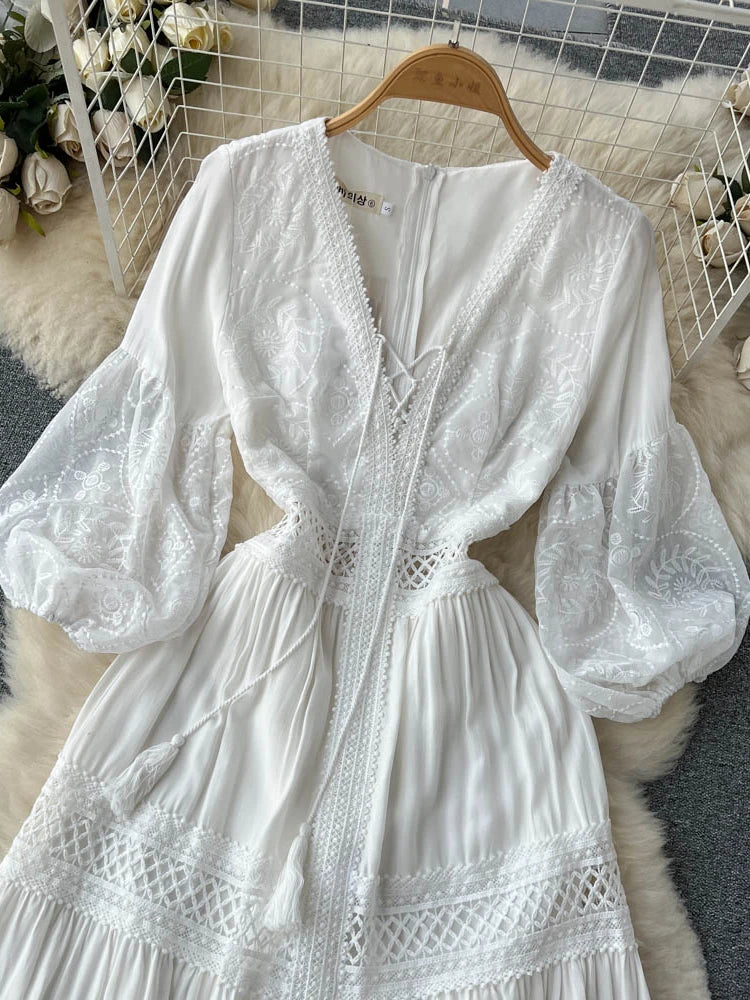 Spring Summer Elegant White Lace Dress Women Fashion V-neck French Long Dresses Ladies Vintage Embroidered Long Robe Vestidos