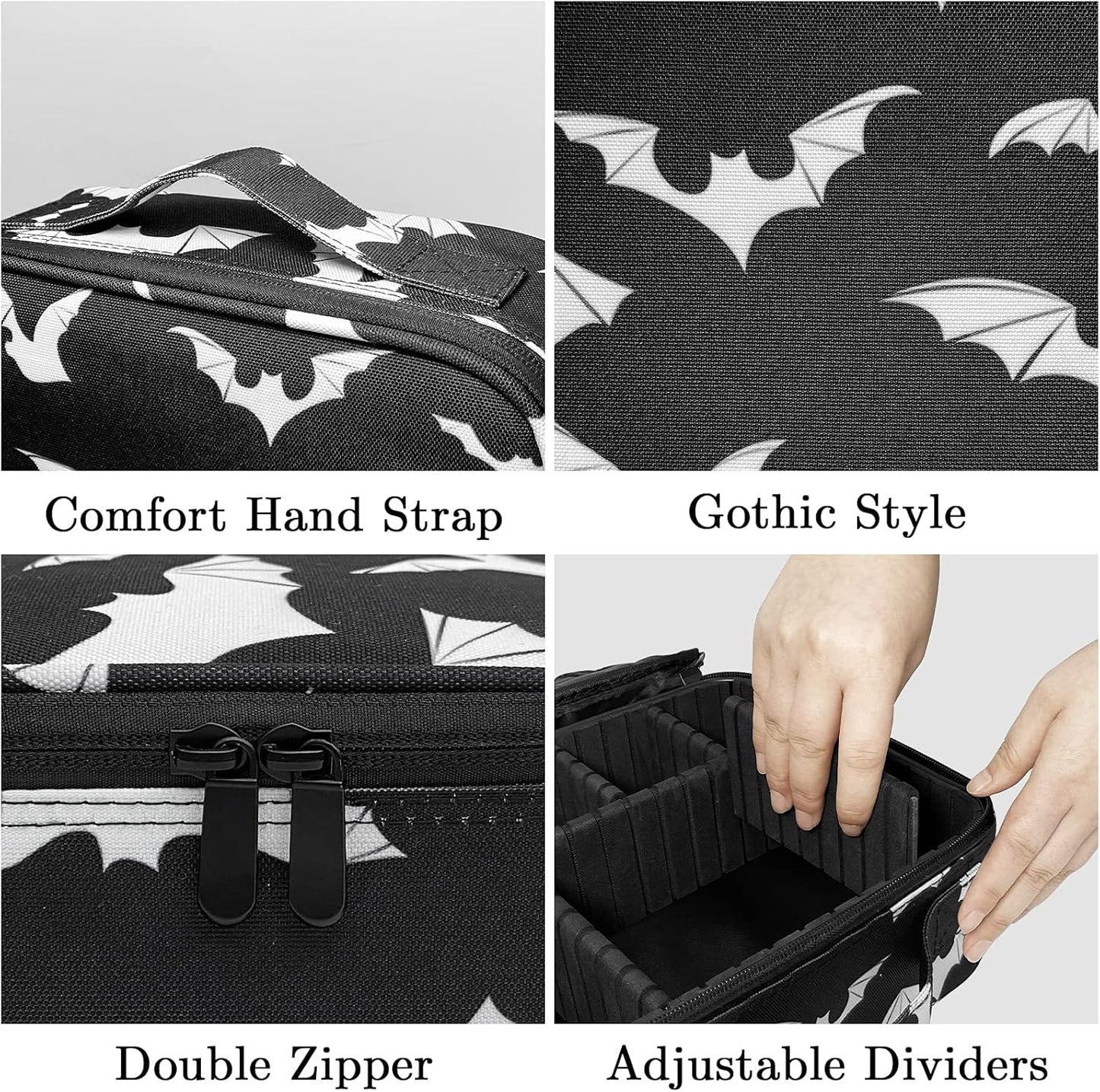 Goth Makeup Organizer Bag, Halloween Makeup Bags Large Cosmetic Bag with Adjustable Dividers Portable Bat Cosmetic Case for Make up Brushes Toiletry Jewelry(Black Bats)