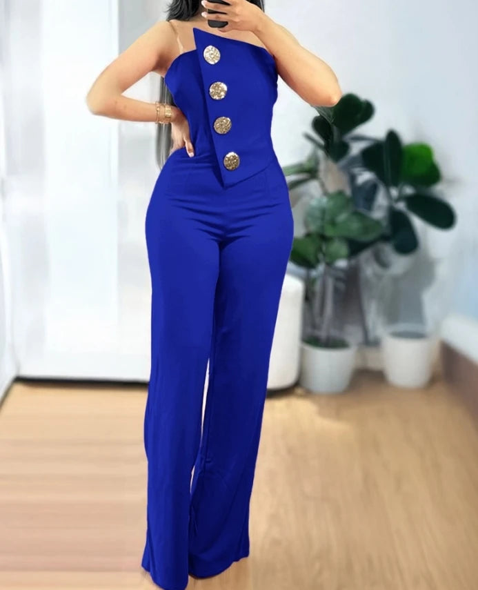 Women's Romper Bodysuit 2025 Spring Summer Latest Asymmetric Bandeau Strapless Jumpsuit Metal Button Decor Casual Overalls