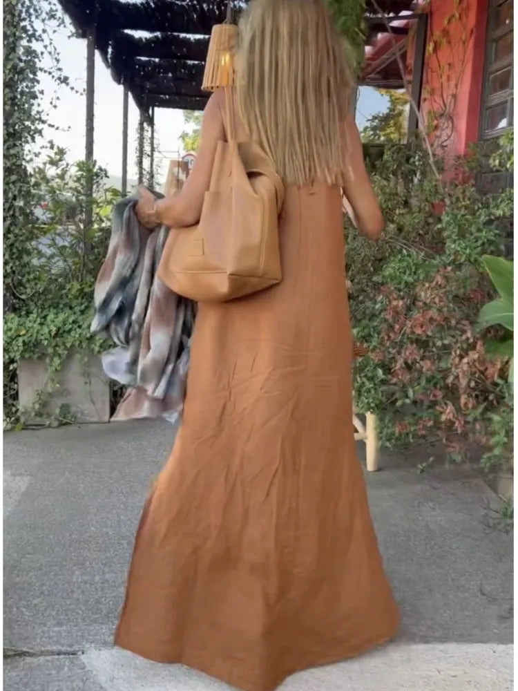 Women's Halter Slit Cotton Linen Dress Vintage Simple Style Sleeveless Solid Vestidos Maxi Dress Summer Loose Holiday Party Robe