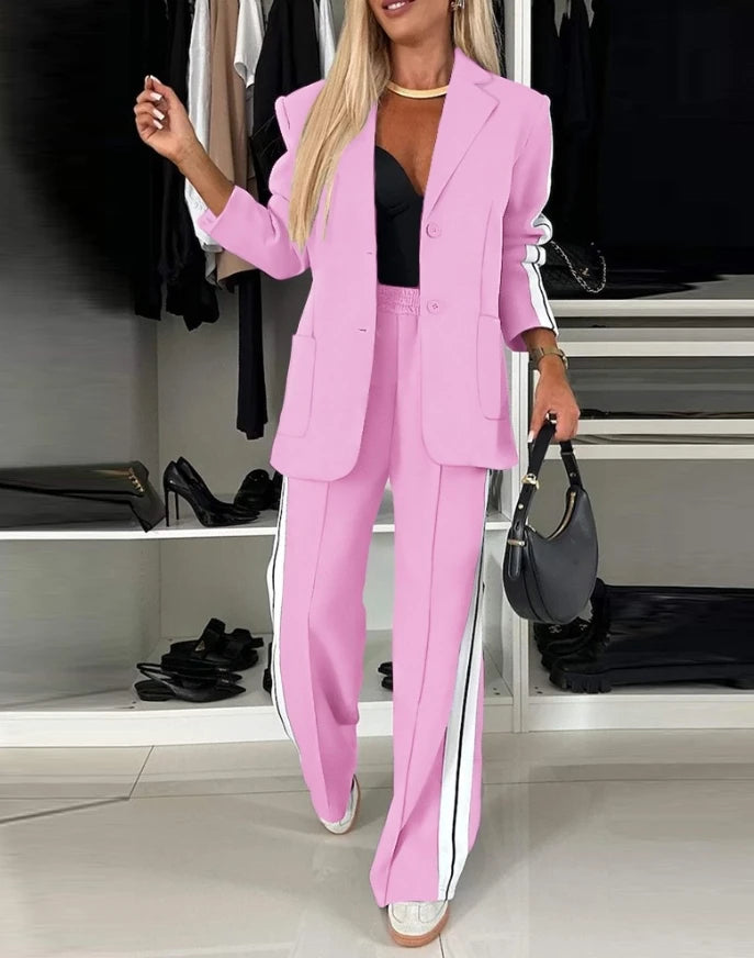 Women's Fashion Suits Autumn Winter Latest 2025 Striped Side Sporty Tape Notched Collar Front Button Blazer Wide-Leg Pants Set