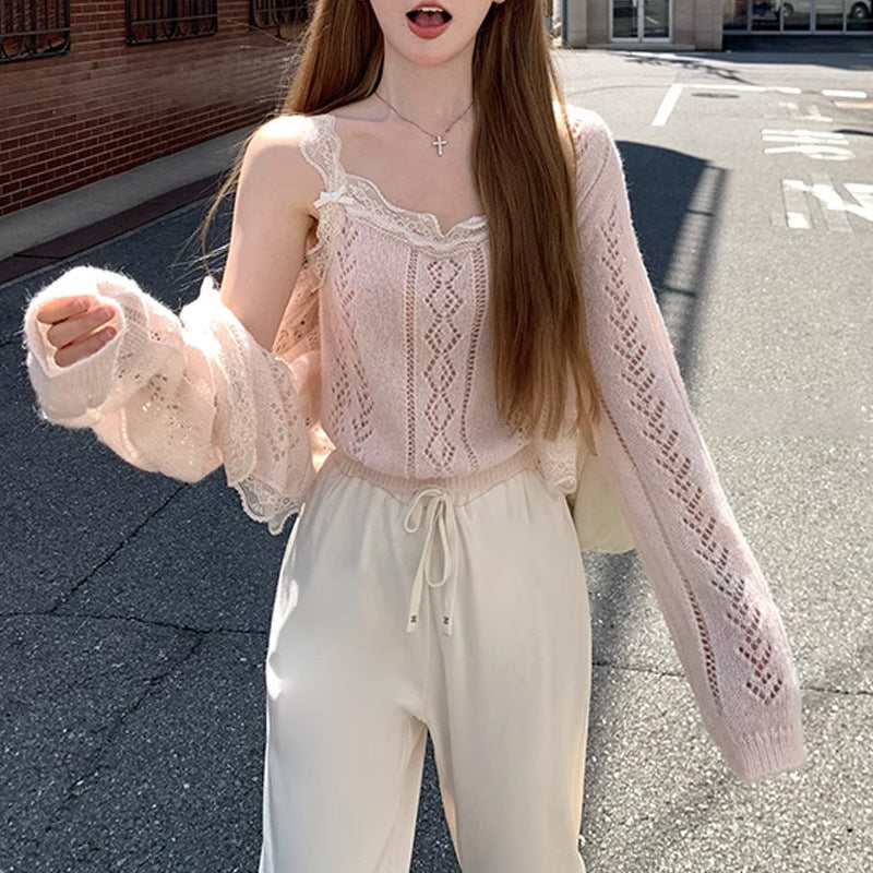 Fashion Rhombus Strappy Cardigan Suit Women