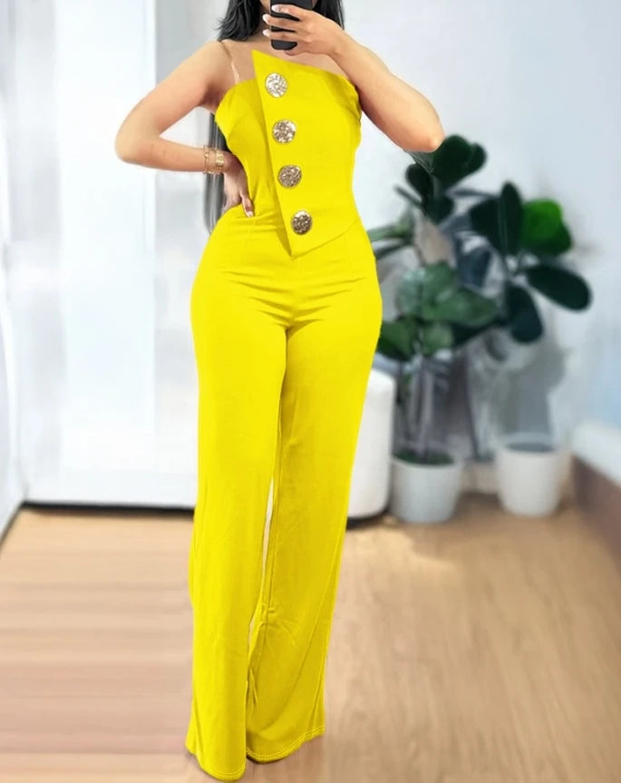 Women's Romper Bodysuit 2025 Spring Summer Latest Asymmetric Bandeau Strapless Jumpsuit Metal Button Decor Casual Overalls