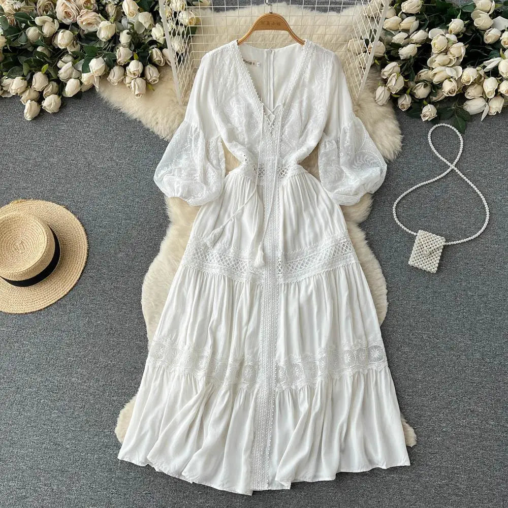 Spring Summer Elegant White Lace Dress Women Fashion V-neck French Long Dresses Ladies Vintage Embroidered Long Robe Vestidos