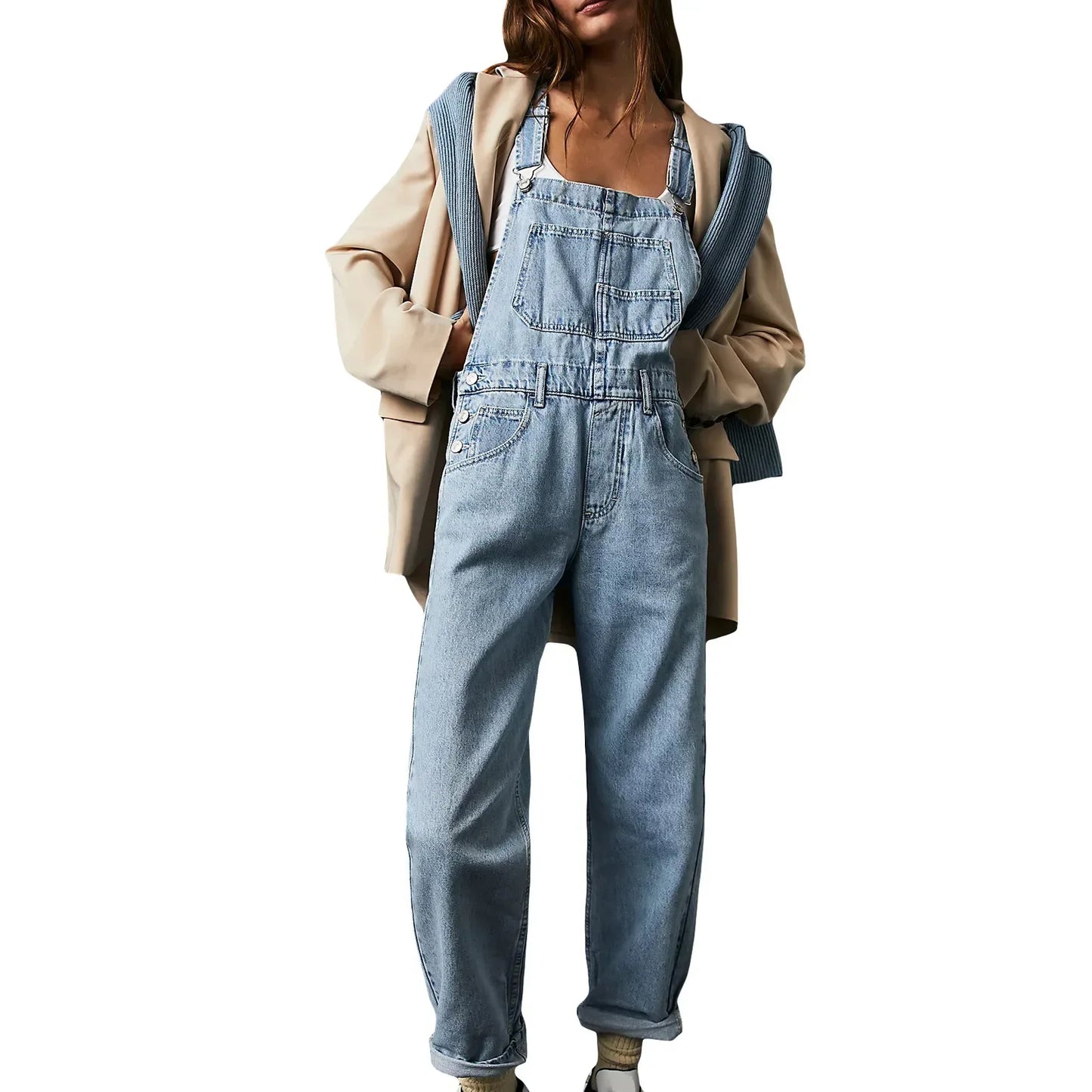 Women Jumpsuits Denim Rompers Washing One Piece Solid Overalls Pockets Slim Fit Spliced Streetwear Button Playsuits 2024
