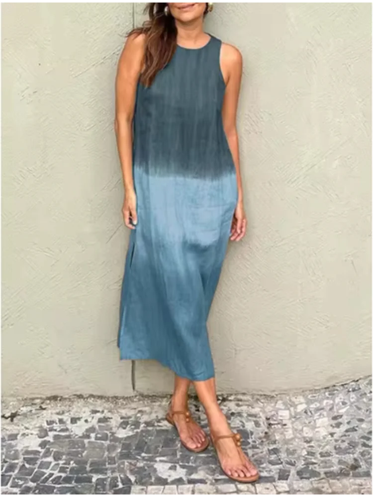 Elegant Gradient Dress Women's o Neck Sleeveless Dress Fashion Loose Vacation Dresses