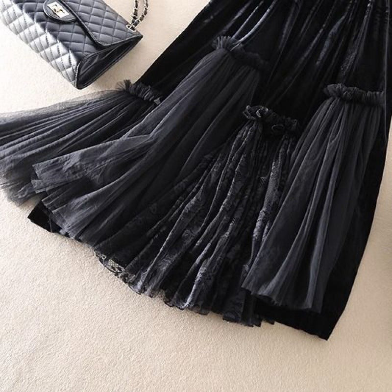 Velvet Stitching Mesh Skirt Women