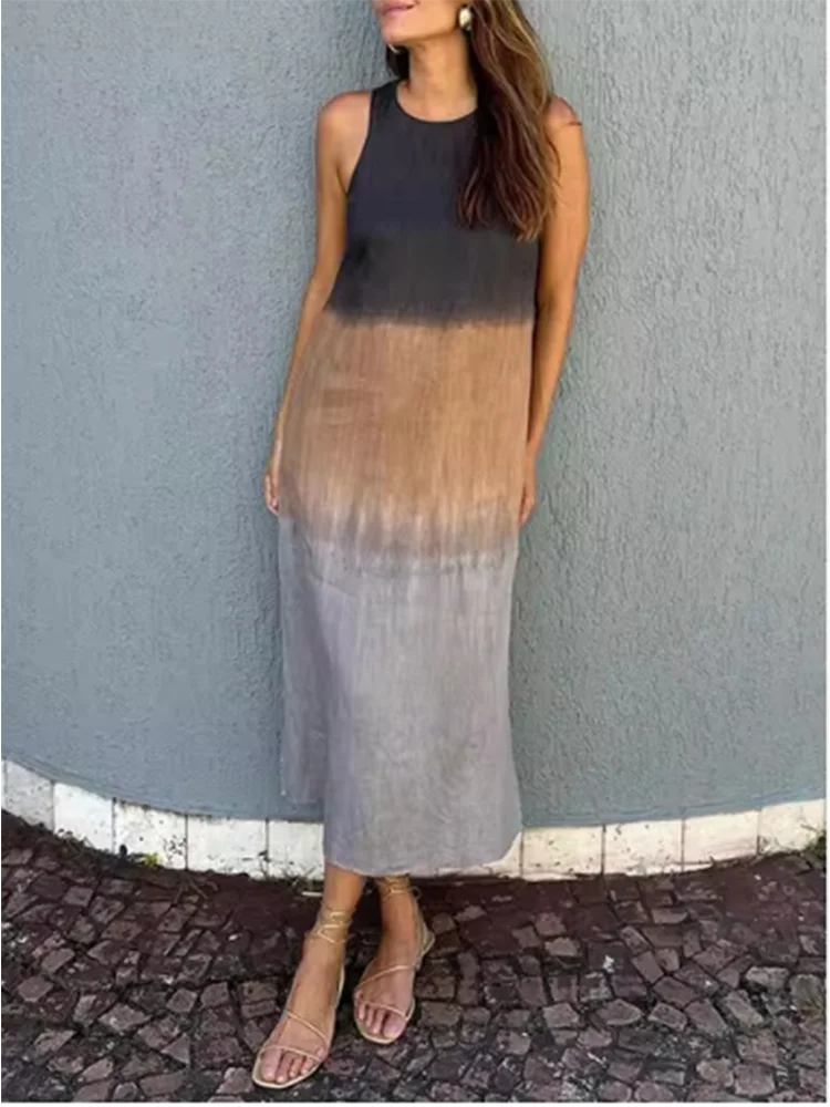 Elegant Gradient Dress Women's o Neck Sleeveless Dress Fashion Loose Vacation Dresses