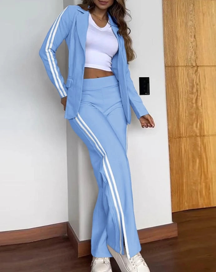 Women's Fashion Suits Autumn Winter Latest 2025 Striped Side Sporty Tape Notched Collar Front Button Blazer Wide-Leg Pants Set