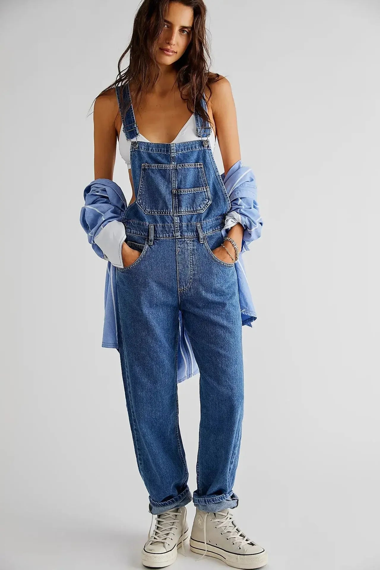 Women Jumpsuits Denim Rompers Washing One Piece Solid Overalls Pockets Slim Fit Spliced Streetwear Button Playsuits 2024