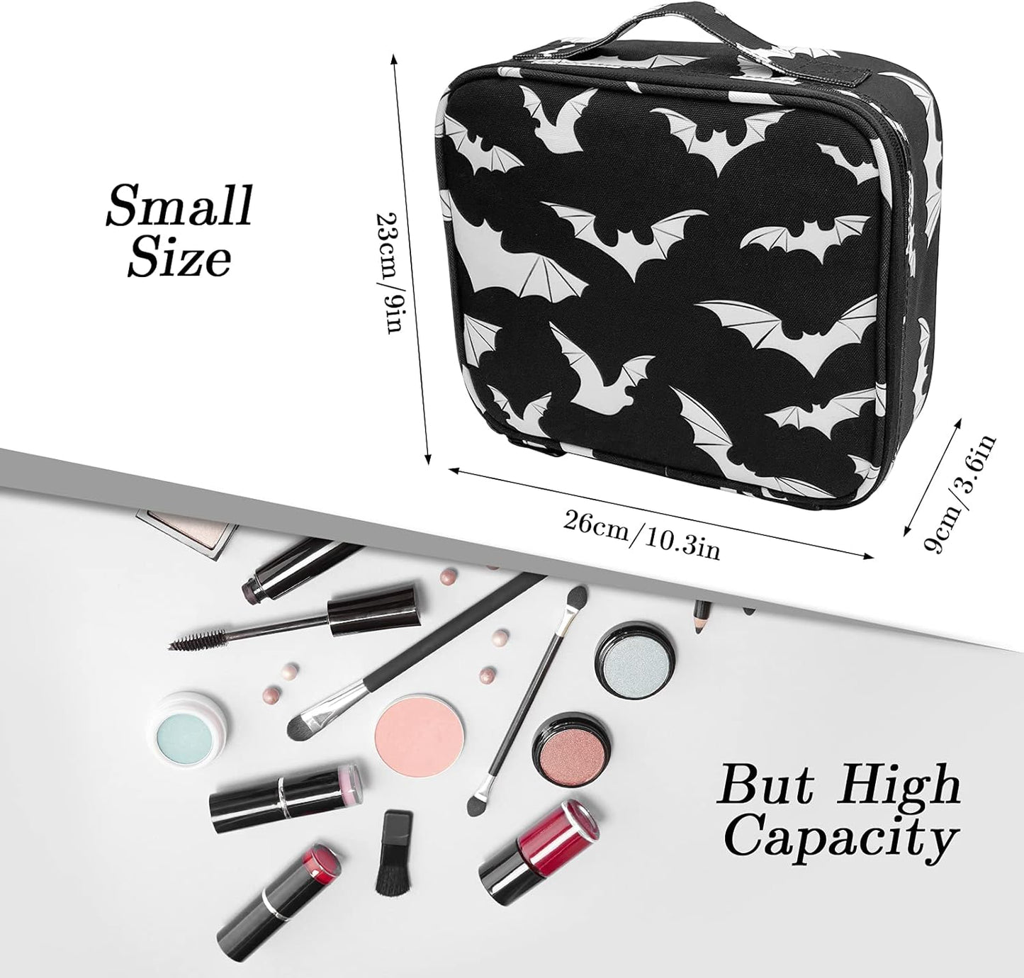 Goth Makeup Organizer Bag, Halloween Makeup Bags Large Cosmetic Bag with Adjustable Dividers Portable Bat Cosmetic Case for Make up Brushes Toiletry Jewelry(Black Bats)