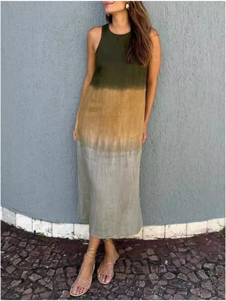 Elegant Gradient Dress Women's o Neck Sleeveless Dress Fashion Loose Vacation Dresses