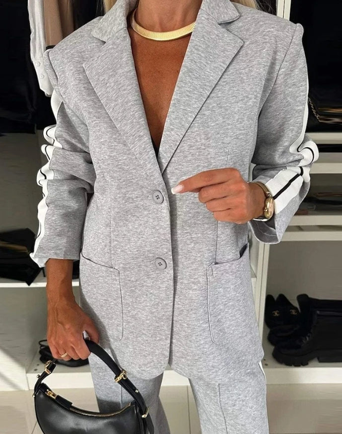 Women's Fashion Suits Autumn Winter Latest 2025 Striped Side Sporty Tape Notched Collar Front Button Blazer Wide-Leg Pants Set