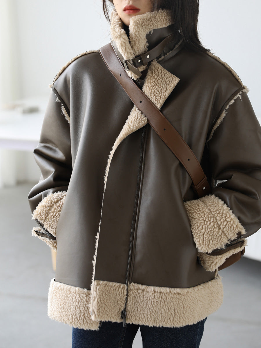 Lamb Wool Motorcycle Jacket For Women