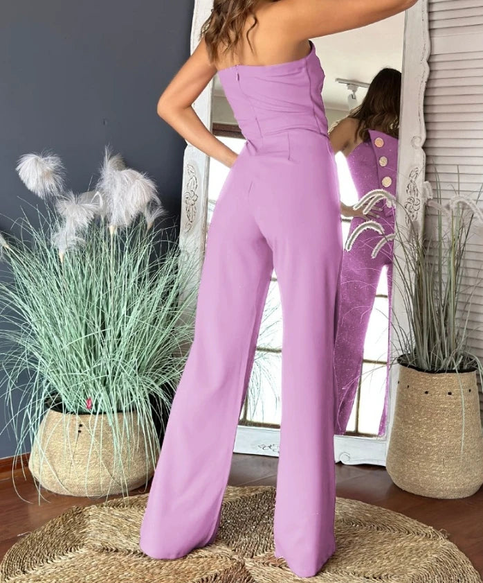 Women's Romper Bodysuit 2025 Spring Summer Latest Asymmetric Bandeau Strapless Jumpsuit Metal Button Decor Casual Overalls