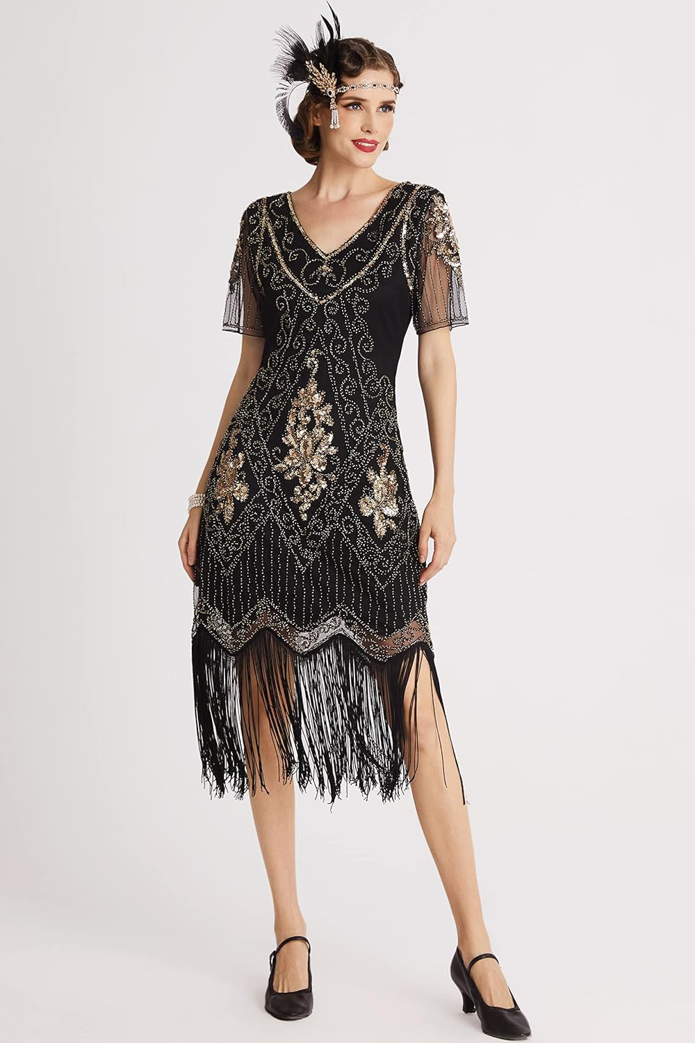 1920S Art Deco Fringed Sequin Dress Roaring 20S Flapper Fancy Dress