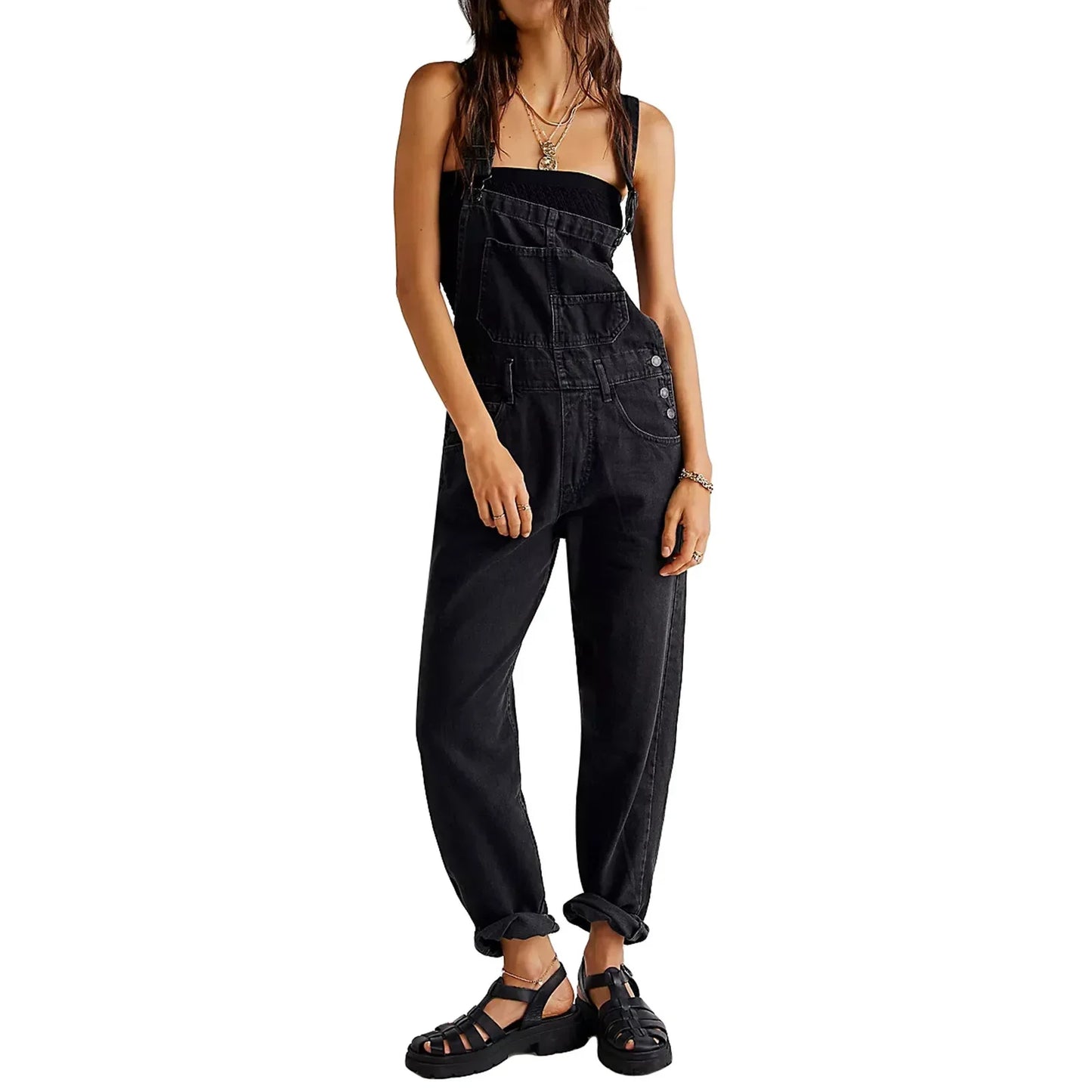 Women Jumpsuits Denim Rompers Washing One Piece Solid Overalls Pockets Slim Fit Spliced Streetwear Button Playsuits 2024