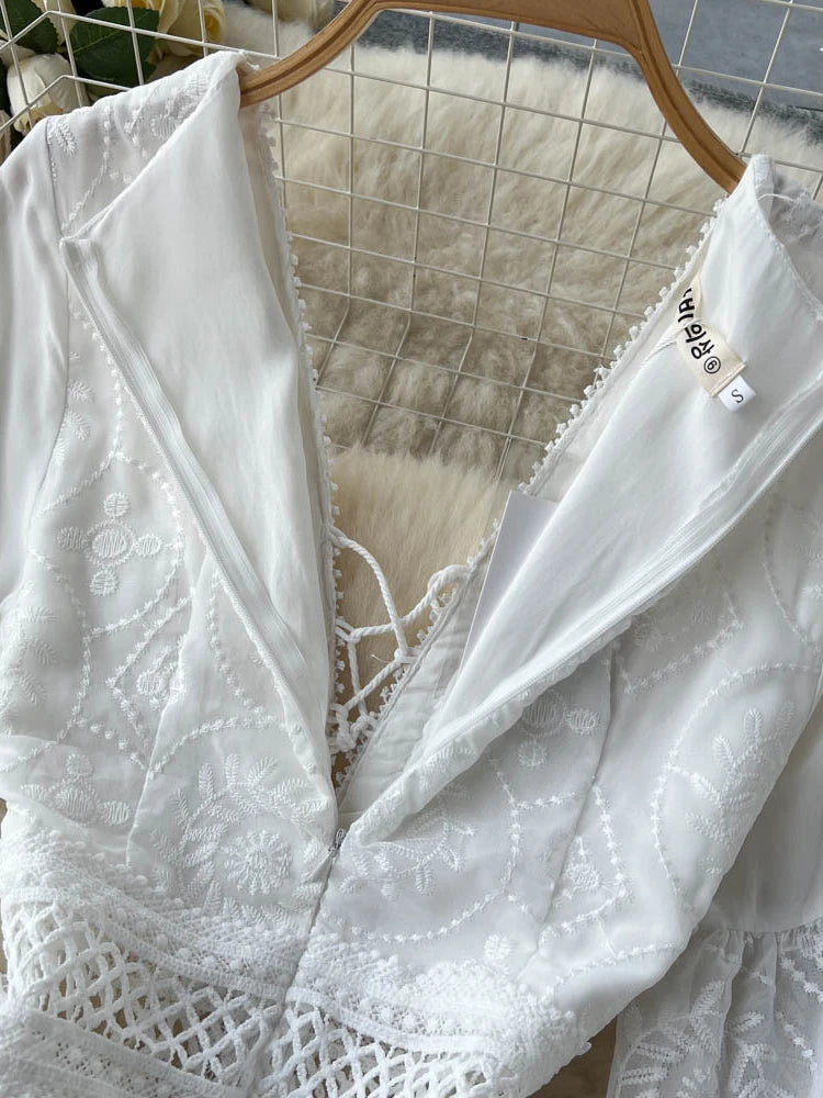 Spring Summer Elegant White Lace Dress Women Fashion V-neck French Long Dresses Ladies Vintage Embroidered Long Robe Vestidos
