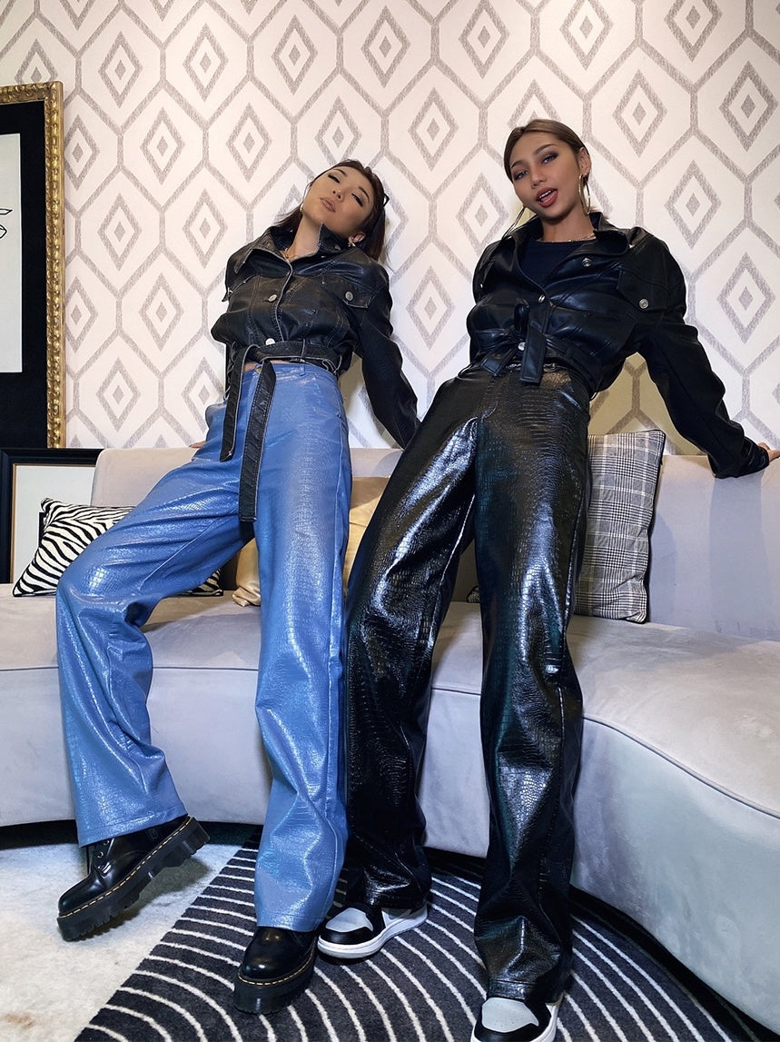Women Straight Leg Casual Leather Pants