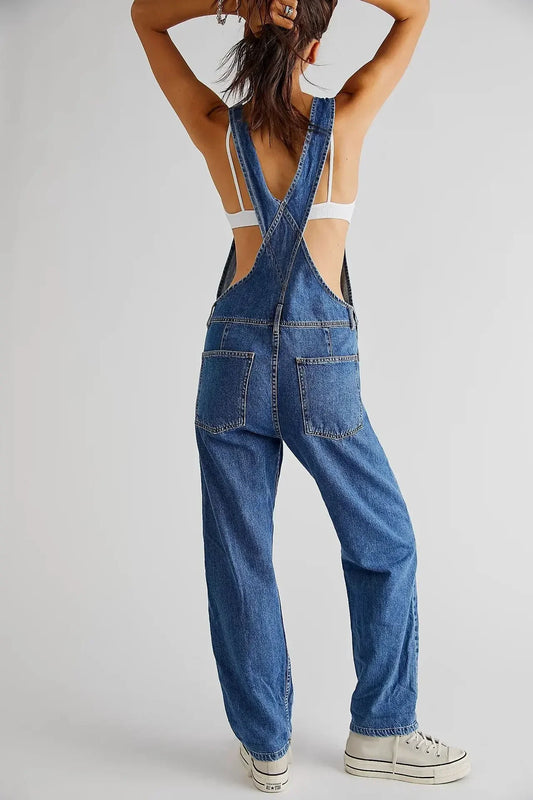 Women Jumpsuits Denim Rompers Washing One Piece Solid Overalls Pockets Slim Fit Spliced Streetwear Button Playsuits 2024