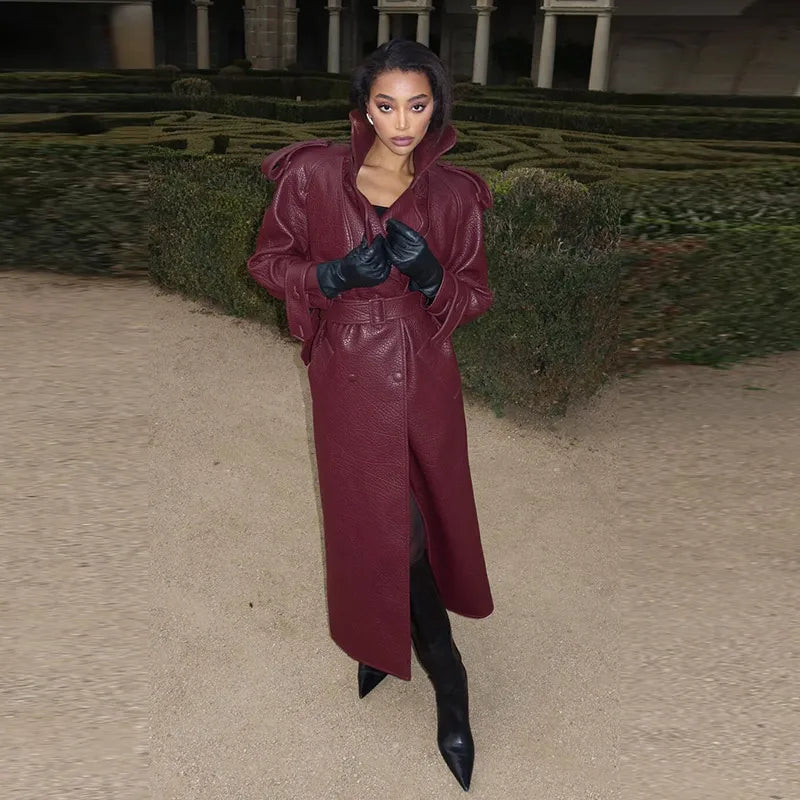 Retro PU Leather Long Jackets With Belt Women Casual Solid Single Breasted Jacket Female 2025 Spring Autumn High Street Outwears