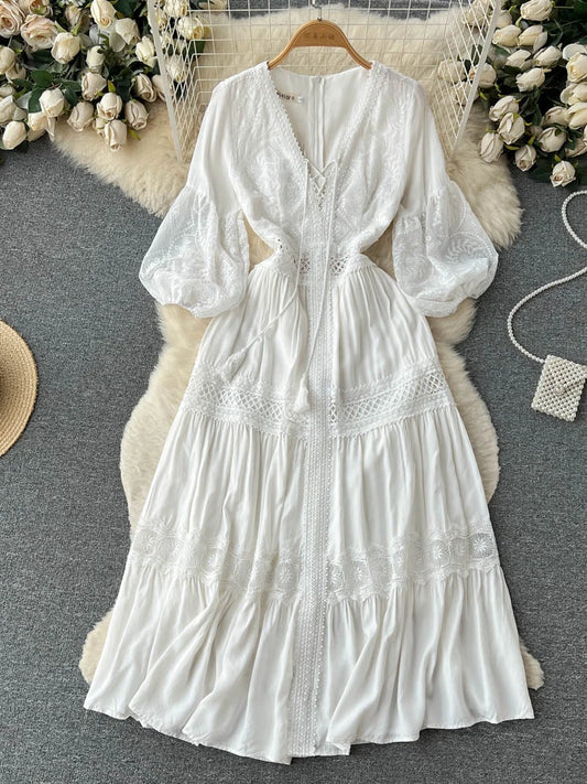 Spring Summer Elegant White Lace Dress Women Fashion V-neck French Long Dresses Ladies Vintage Embroidered Long Robe Vestidos