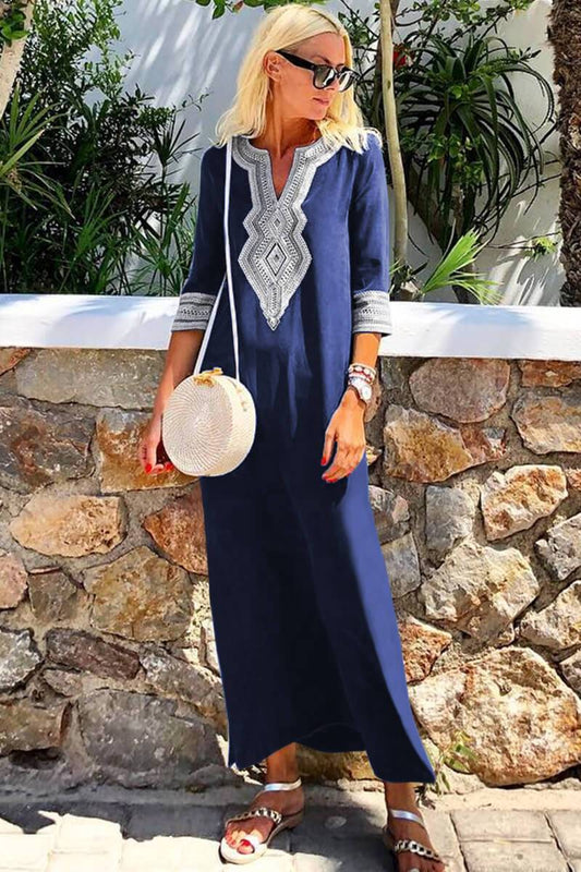 Blue Casual Crochet 3/4 sleeve Slit Boho Maxi Dress