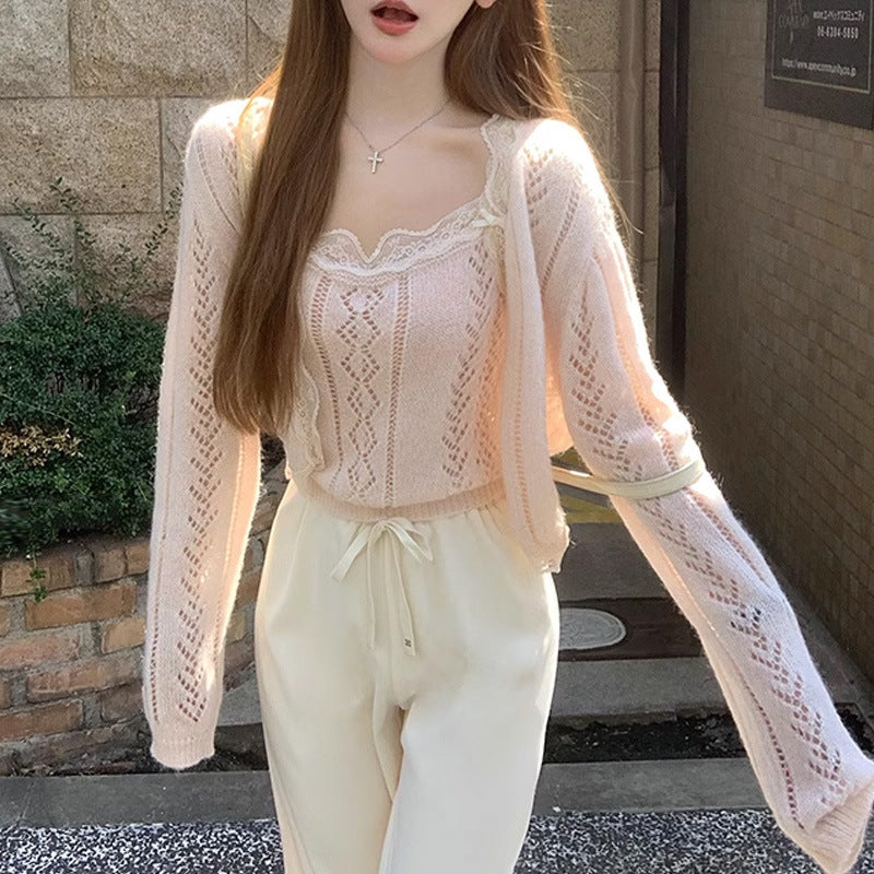 Fashion Rhombus Strappy Cardigan Suit Women