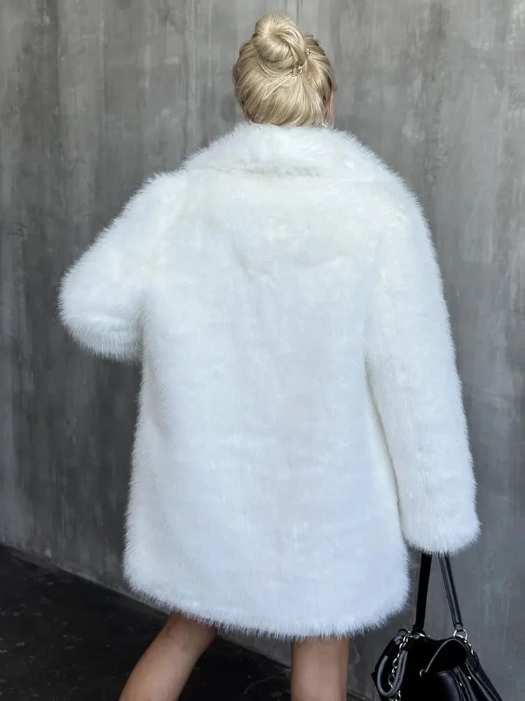 TARUXY 2025 Winter Imitation Fox Fur Mid-length Coat For Women Fashion Artificial Lapel Thicken Streetwear Faux Fur Jacket Lady