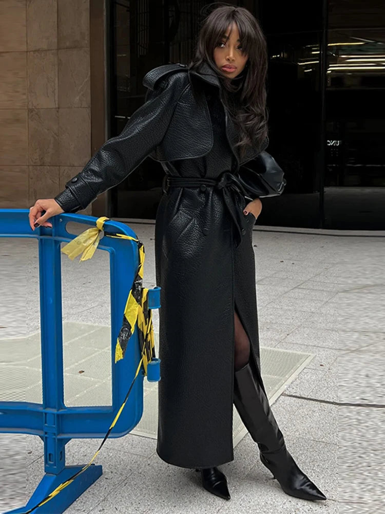 Retro PU Leather Long Jackets With Belt Women Casual Solid Single Breasted Jacket Female 2025 Spring Autumn High Street Outwears