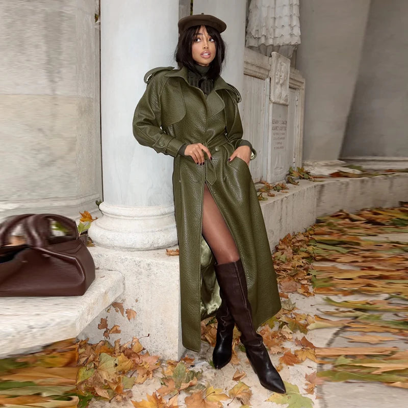Retro PU Leather Long Jackets With Belt Women Casual Solid Single Breasted Jacket Female 2025 Spring Autumn High Street Outwears