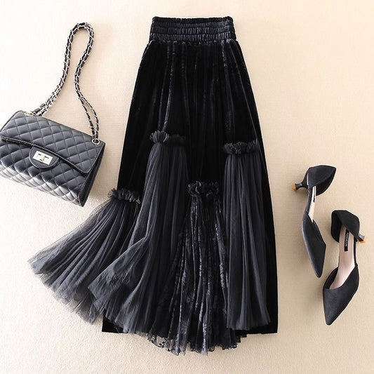Velvet Stitching Mesh Skirt Women